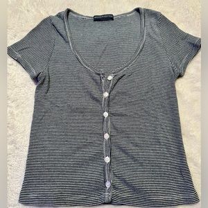 BRANDY MELVILLE Button Front S/S Shirt-Navy/White Stripe -O/S